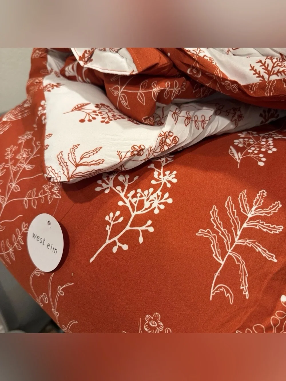 NEW West Elm Red Queen / King Size Comforter Botanical Print Bedding Sham Set